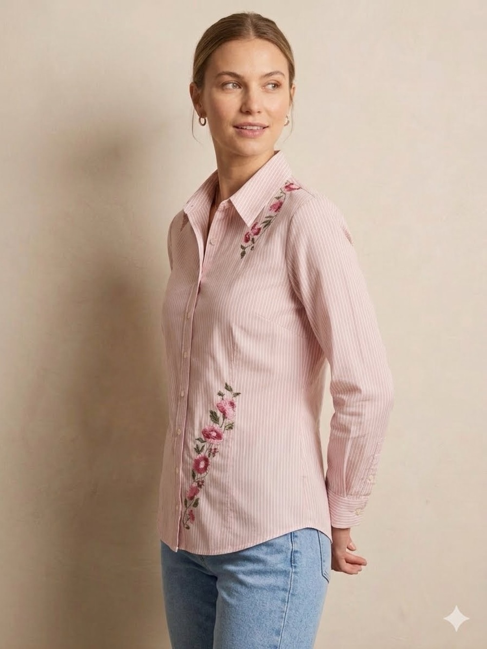 Faded Glory Ladies Long Sleeve Shirt with Rose Embroidery Light Pink Gray Stripe